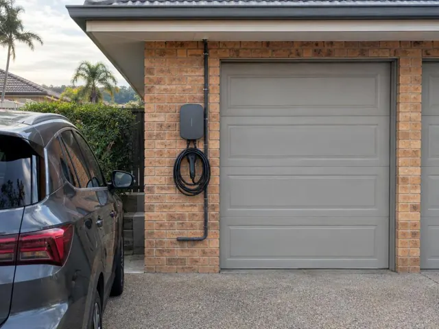 EV charger mounted on exterior brick wall beside a garage door with coiled cable in Coomera